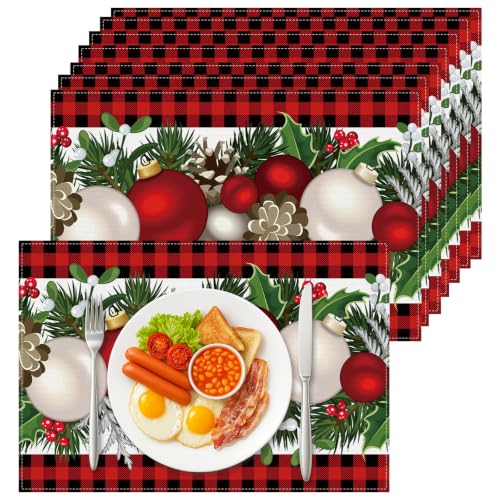 Bloss Red Christmas Placemats Set of 8 - 12x18 Inch Buffalo Check Holiday Table Decor