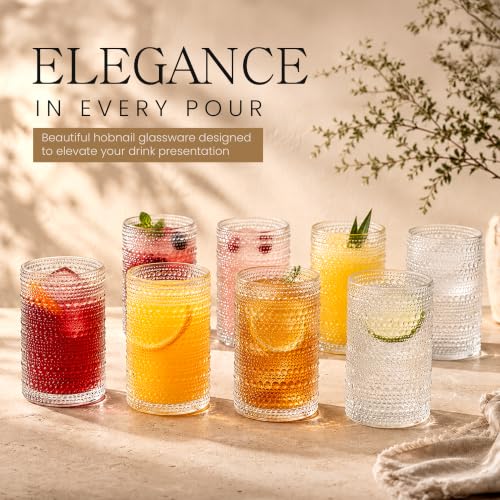 MosJos Set of 8 Hobnail Drinking Glasses 15.2 oz Vintage Highball Tumblers