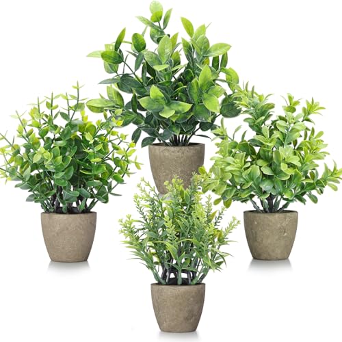 4-Pack Artificial Potted Plants with Ceramic Pots, 7-Inch Faux Greenery