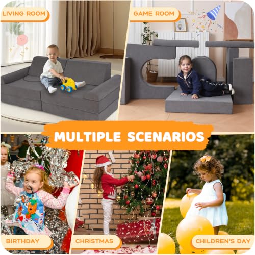 12-Piece Modular Kids Play Couch, Grey Soft Foam Toddler Sofa