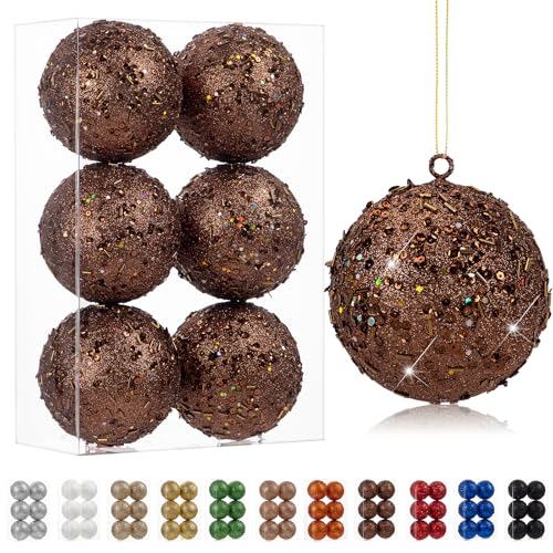 Oairse Bronze 4" Large Christmas Ornaments Set of 6 - Shatterproof Glitter Ball Bulk Xmas Tree Decor