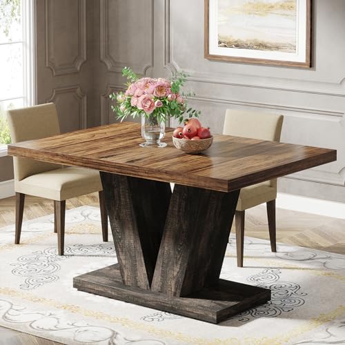 47-Inch Farmhouse Dining Table for 4, Black and Brown Pedestal Table