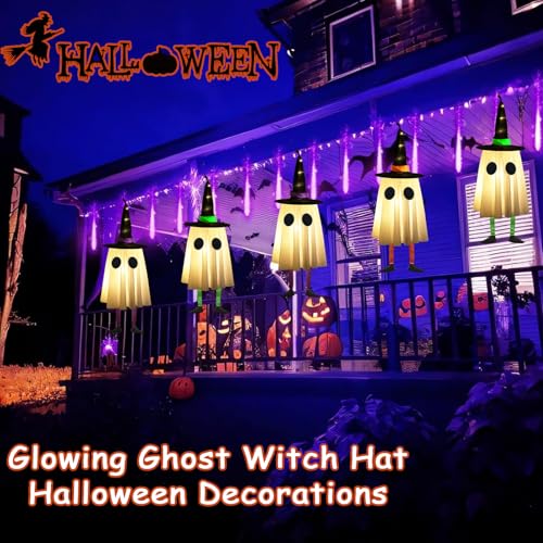 Light-Up Hanging Halloween Ghost Decor with Witch Hats - Set of 3