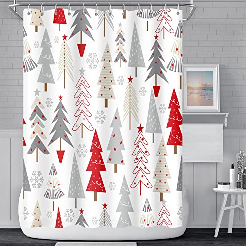 Christmas Tree Bathroom Shower Curtain Grey Pines Pattern Snowflakes