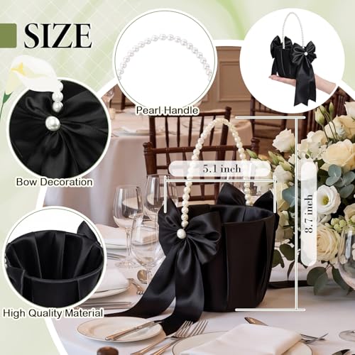 Set of 2 Black Flower Girl Baskets with Pearl Handles and Bowknot Decor