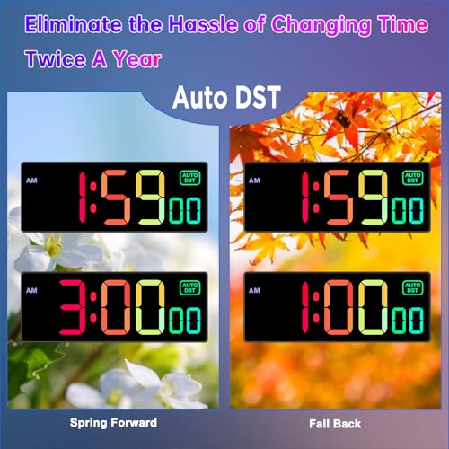 Large LED Digital Wall Clock - 10" 8 RGB Color Display with Auto DST & Dimmer
