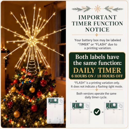 Meonum LED Starburst Christmas Tree Topper with Timer, Golden 16in