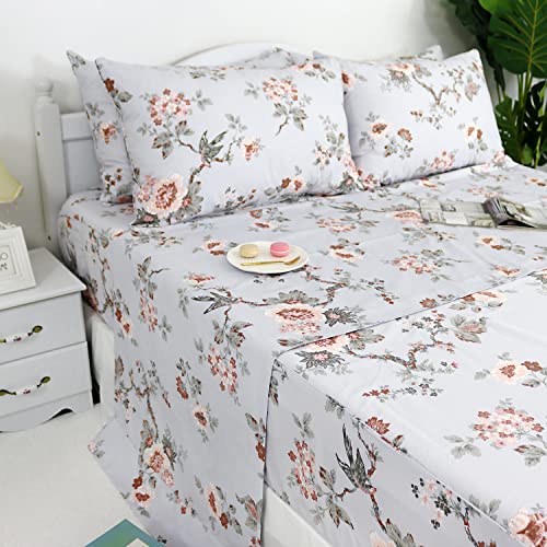 100% Cotton Twin XL Sheet Set - Vintage Floral & Bird Print (4-Piece)