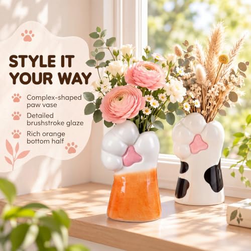 2Pcs Ceramic Cat Paw Vase Set - Cute Cat Claw Flower Holders for Home Decor