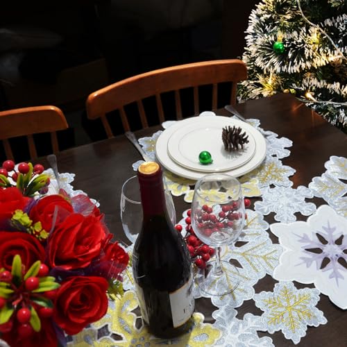 Grelucgo 14 x 120 in Machine Embroidered Silver & Gold Winter Snowflakes Table Runner
