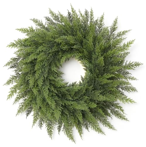 Worthyeah 24" Silver Cedar Christmas Wreath for Front Door - Lush Real-Touch Decor