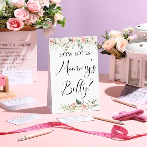 64-Piece Measure the Bump Baby Shower Game Set with Floral Sign and Cards