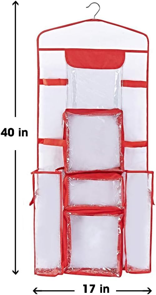 Primode Gift Wrap Organizer - Double-Sided Wrapping Paper Storage with Pockets for Accessories | 40”x17” Clear PVC Bag (Red)