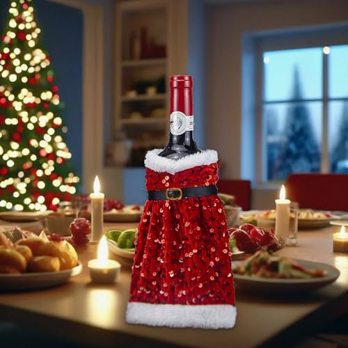 Christmas Santa Sweater Wine Bottle Cover Dress - Red Sequin Xmas Decorations