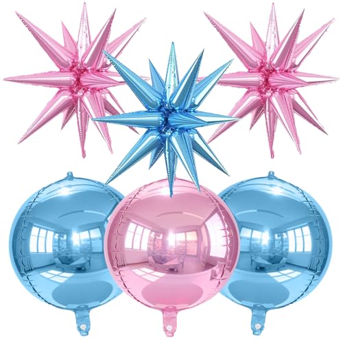 Alainzeo 6Pcs 22in Pink & Blue 4D Round & Star Balloons, Premium Foil Kit (Pink/Blue) for Birthday & Party