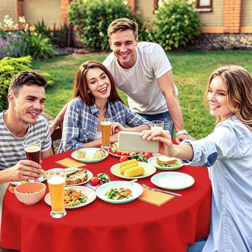 CC-SLZP 3 Pack Red Round Plastic Tablecloths 84 Inch Waterproof Disposable
