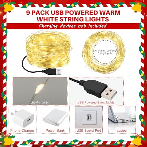 Macarrie 9 Pcs USB Fairy Lights 16 ft Warm White – 50 LED String (Variation: Warm White / 9)