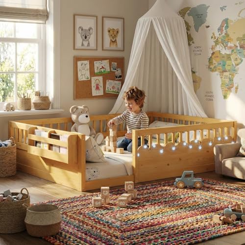 Full Size Montessori Floor Bed with Rails, LED Lights & Storage Shelf