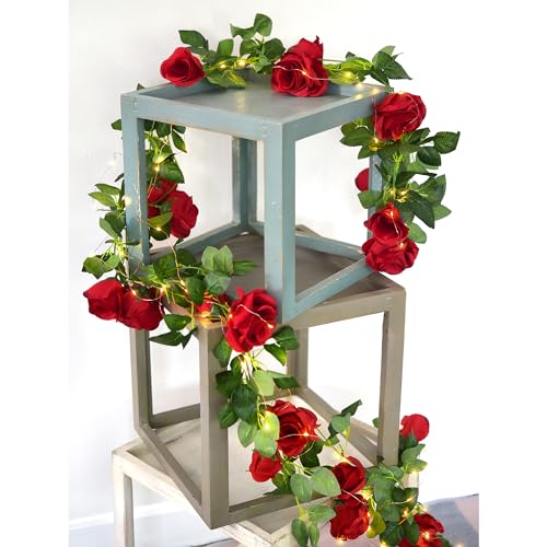 Christmas Red Fairy String Lights & Red Rose Silk Garland Set - 29 Ft 4 Pack