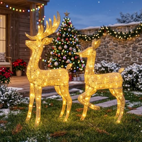 EAMBRITE Lighted Christmas Reindeer Set (2Pcs) - 4 ft Buck & 3 ft Doe Outdoor Holiday Decor