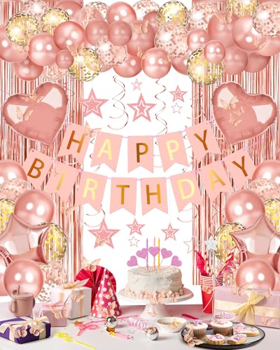 Rose Gold Happy Birthday Decoration Set with Foil Curtains and Balloons