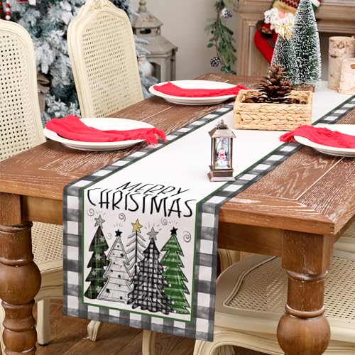 ARKENY Merry Christmas Buffalo Plaid Table Runner 13x72in - Green, Indoor/Outdoor