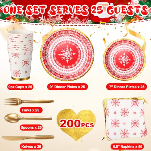 Umigy Snowflake Christmas Dinnerware Set for 25 Guests - Disposable Holiday Plates Cups & Cutlery