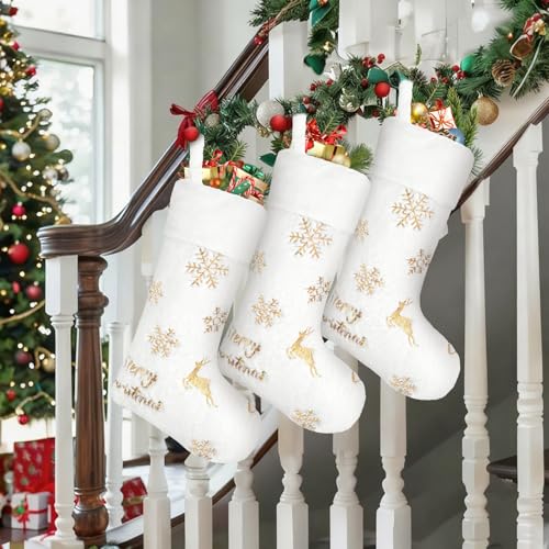 4PCS White Christmas Stockings with Gold Sequin Snowflake Reindeer