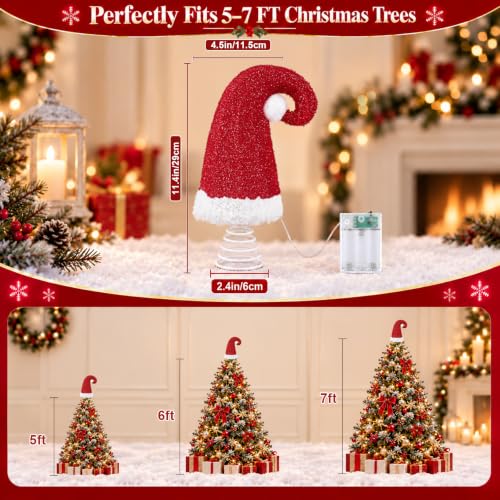 Okaerm Red 8-Inch Lighted Santa Hat Tree Topper with Spring Base - Christmas Ornament