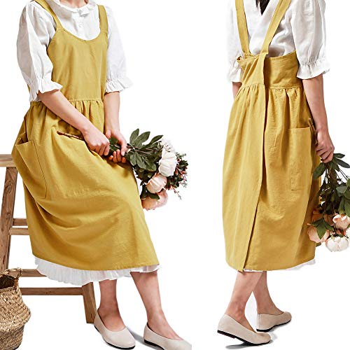 Cotton Linen Cross Back Pinafore Apron with Pockets - Yellow Smock