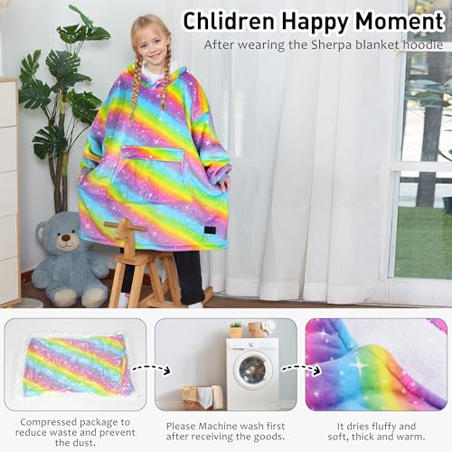 Solaris Rainbow Kids Wearable Blanket Hoodie Oversized Sherpa Fleece for Children