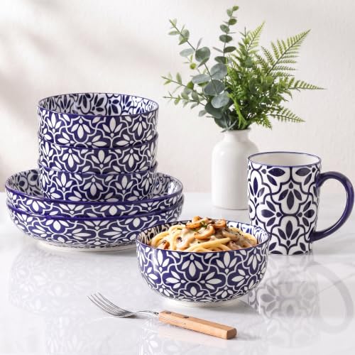 JINGUS Lattice 28 oz Cereal Bowls Set of 6 – Vintage Blue & White Porcelain