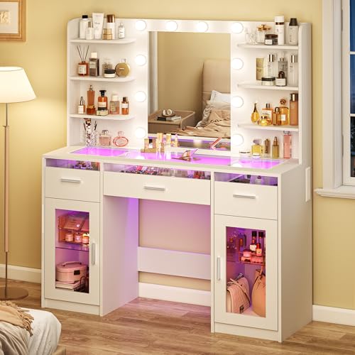 Makeup Vanity Desk with Mirror, LED Lights, Power Outlet and Storage