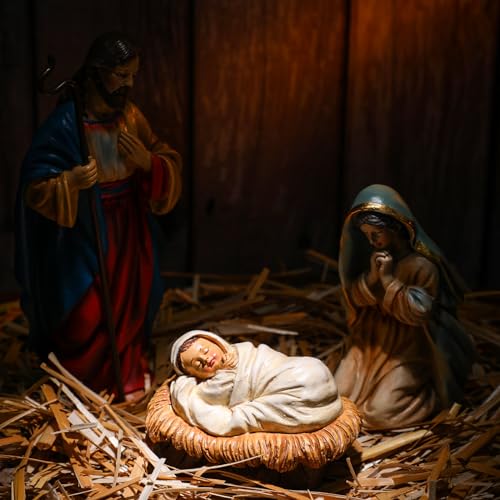 Nativity Scene Figures Set for Christmas - 12 Hand-Painted Resin Holiday Decor, 7 Inch Baby Jesus, Mary, Joseph, Kings, Animals, Stable & Palm Tree