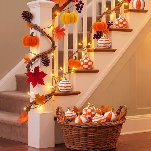 3-Piece Ceramic Pumpkin Set, Orange and White Checkered Fall Table Decor