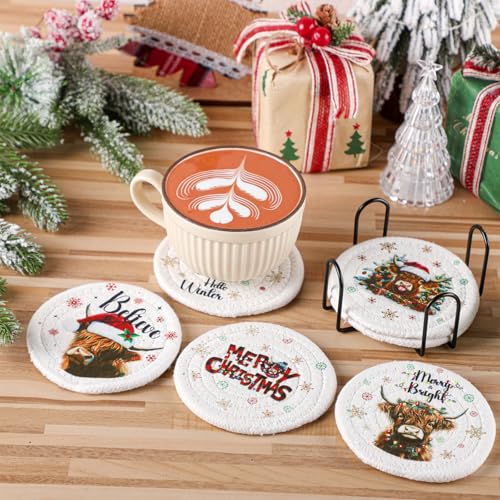 Leinuosen Highland Cow Christmas Coasters (6 Pcs) Cotton Cup Mats