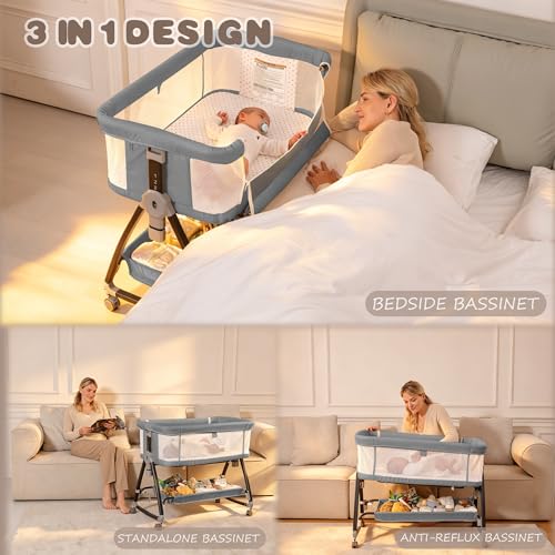 Adjustable Baby Bedside Sleeper Bassinet with Mattress & Wheels - Gray