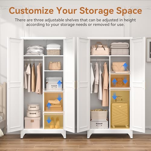71" Tall Metal Wardrobe Closet with Hanging Rod and Adjustable Shelves, White
