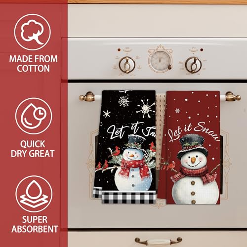 Ogleqoo Christmas Snowman Kitchen Towels Set of 2 – Black & Red Buffalo Plaid, Absorbent Cotton-Linen