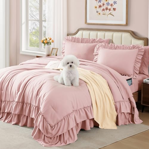 Queen Ruffle Comforter Set - Soft Pink 7-Piece Bedding Set