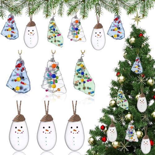 Syhood 6 Pcs Sea Glass Christmas Tree Ornaments Snowman Crystal Ocean Beach Crafts Ornament Sets for Christmas Tree Home Decoration