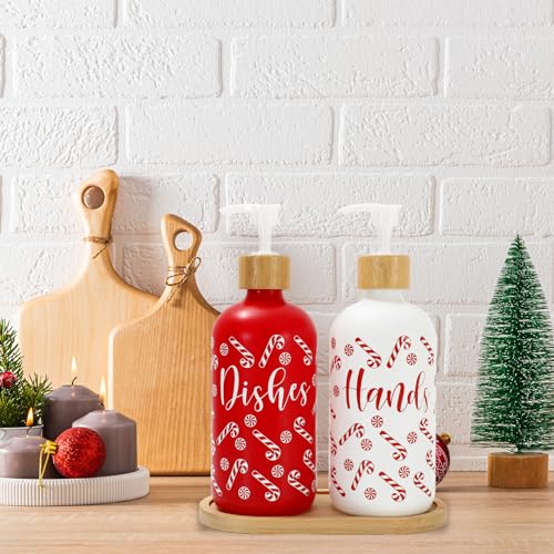 FYSUIMU Christmas Candy Theme Glass Soap Dispenser Set with Wooden Tray - Refillable Liquid Hand & Dish Soap Pump, 2 Pack