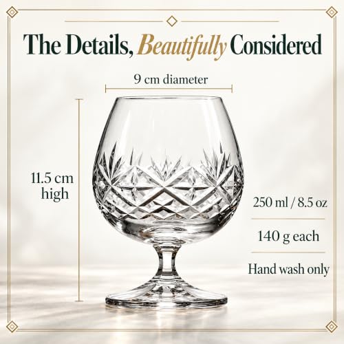 Hemswell Crystal Set of 2 Small Cognac Glasses - 8.5oz European Crystal Snifters for Whiskey & Brandy - Tapered Bowls, Hand Cut, Gift-Ready