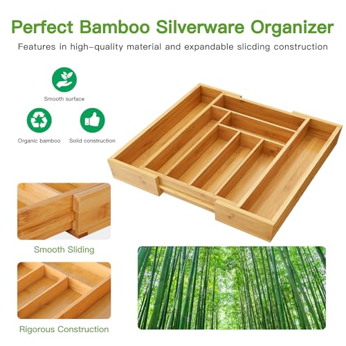 Expandable Bamboo Silverware Drawer Organizer - Adjustable Cutlery Tray
