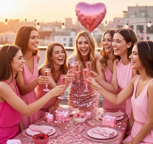 MATANA 50 Pack Pink Glitter Plastic Champagne Flutes 5 oz Disposable & Reusable