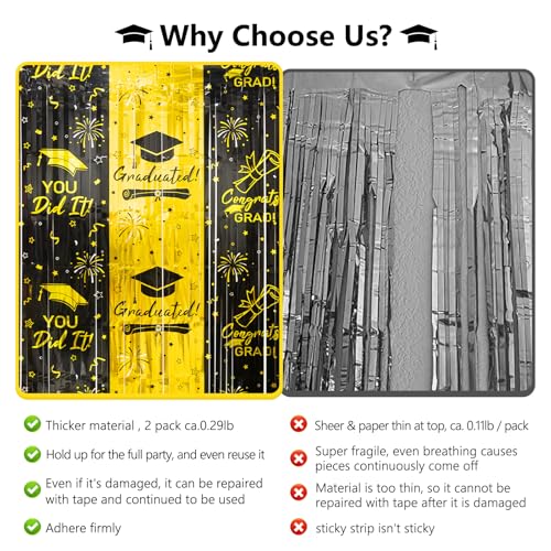 Black & Gold Tinsel Backdrop Curtains for Graduation - 2 Pack, 3.3 x 6.6 ft