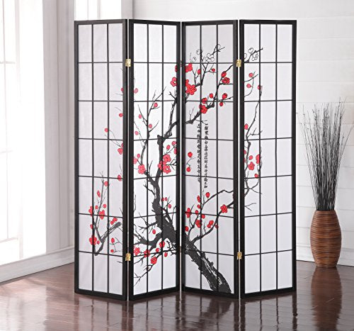 4-Panel Japanese Shoji Room Divider - Plum Blossom Print, Black Wood