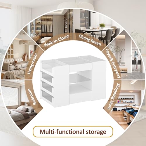 12-Drawer Closet Island with Glass Top and Display Shelves, White