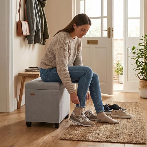Small Steel Frame Storage Ottoman with Chenille Cushion, Gray