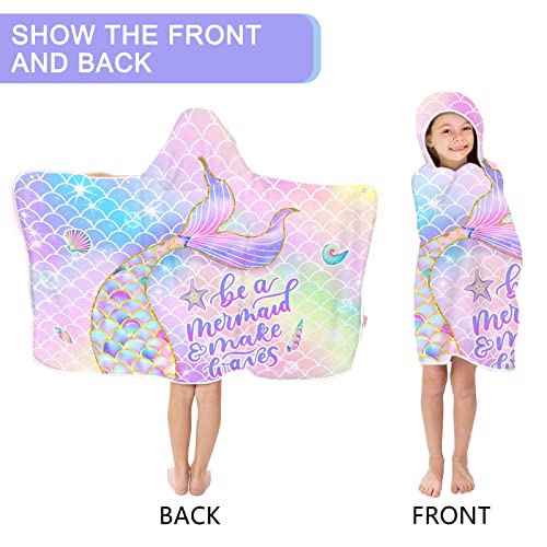 Girls' Mermaid Hooded Beach Towel - Quick-Dry Microfiber Poncho, 30" x 50"